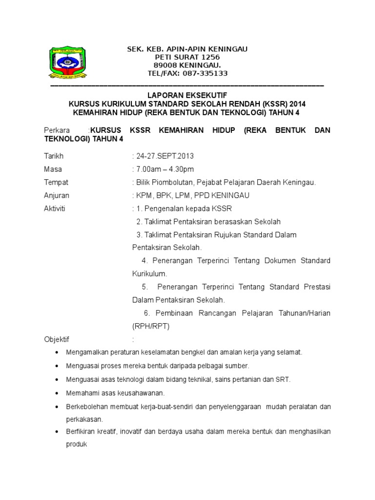 Format Laporan Eksekutif Guru Yang Berkursus Kssr