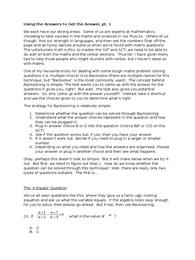SAT Article 15 - Backsolving, Pt. 1 | PDF | Sat | Equations