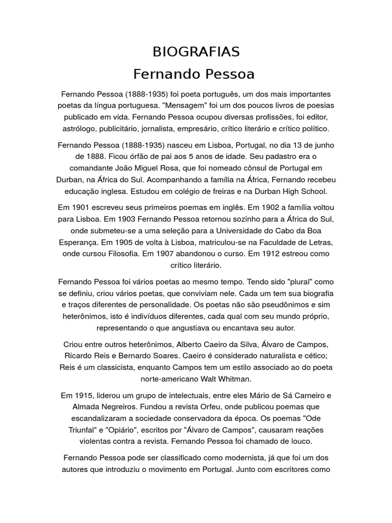 Biografia de Fernando Pessoa | PDF | William Shakespeare | Poesia