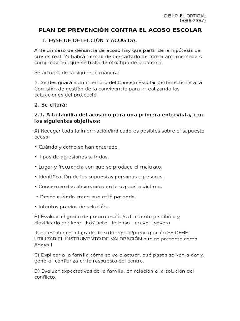 Plan de Prevención Contra El Acoso Escolar CEIP EL ORTIGAL | PDF ...