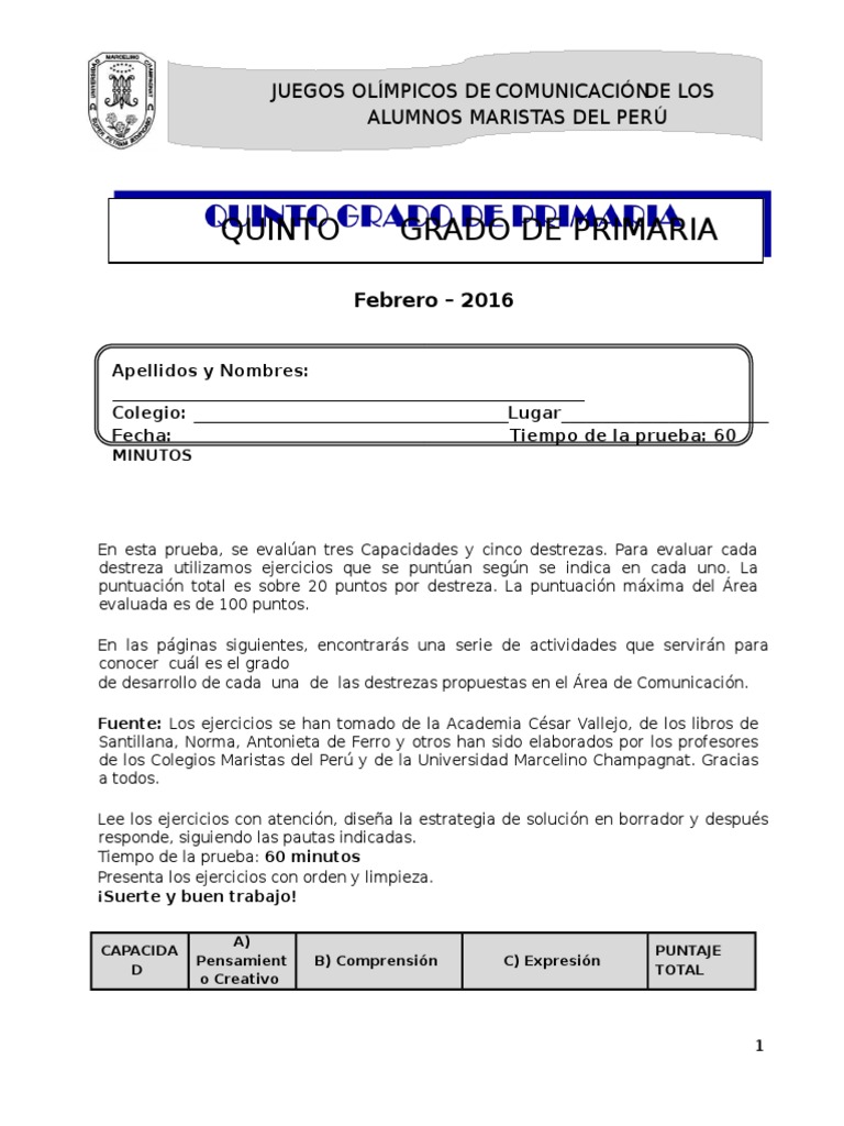 Evaluación de Comunicación Quinto Grado | PDF | Naturaleza