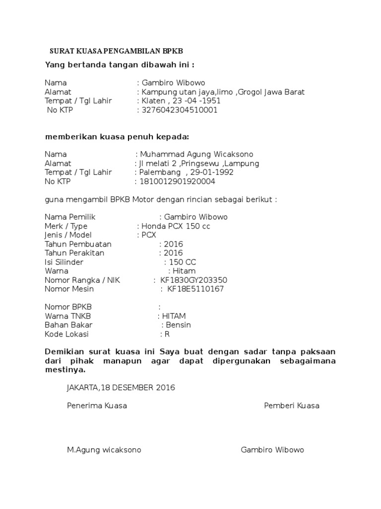 Surat Kuasa Pengambilan Bpkb