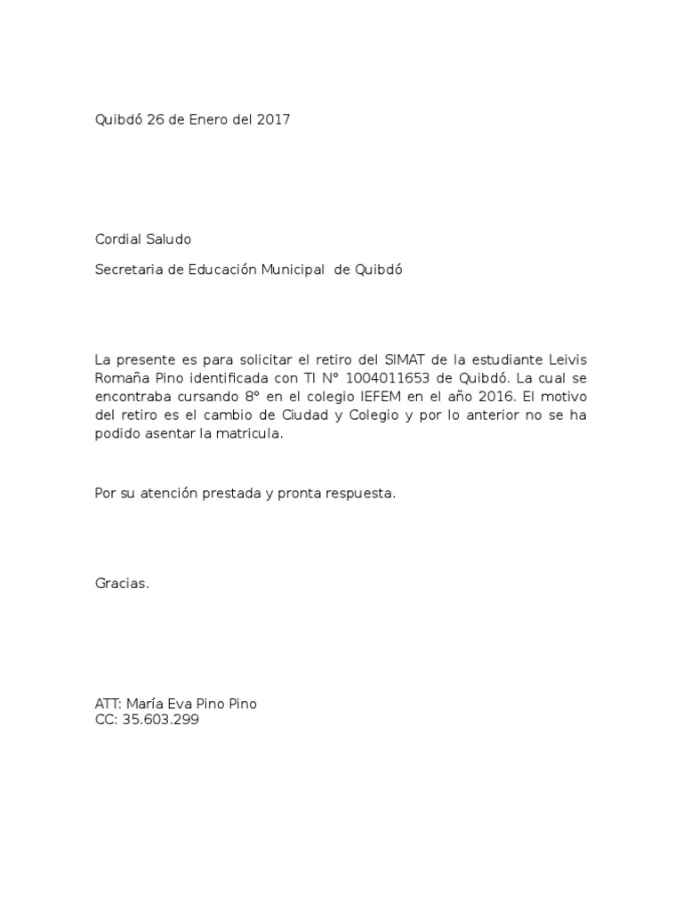 Carta de Retiro Educación avanzada Escuelas