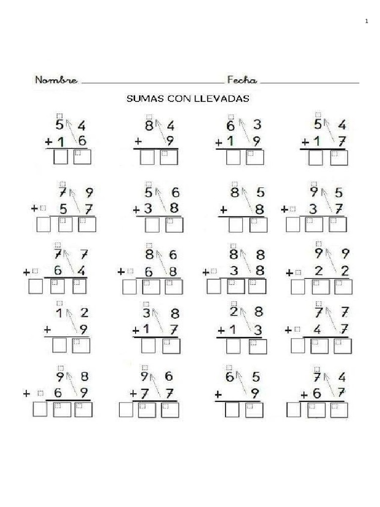 Sumas llevadas para Primer grado