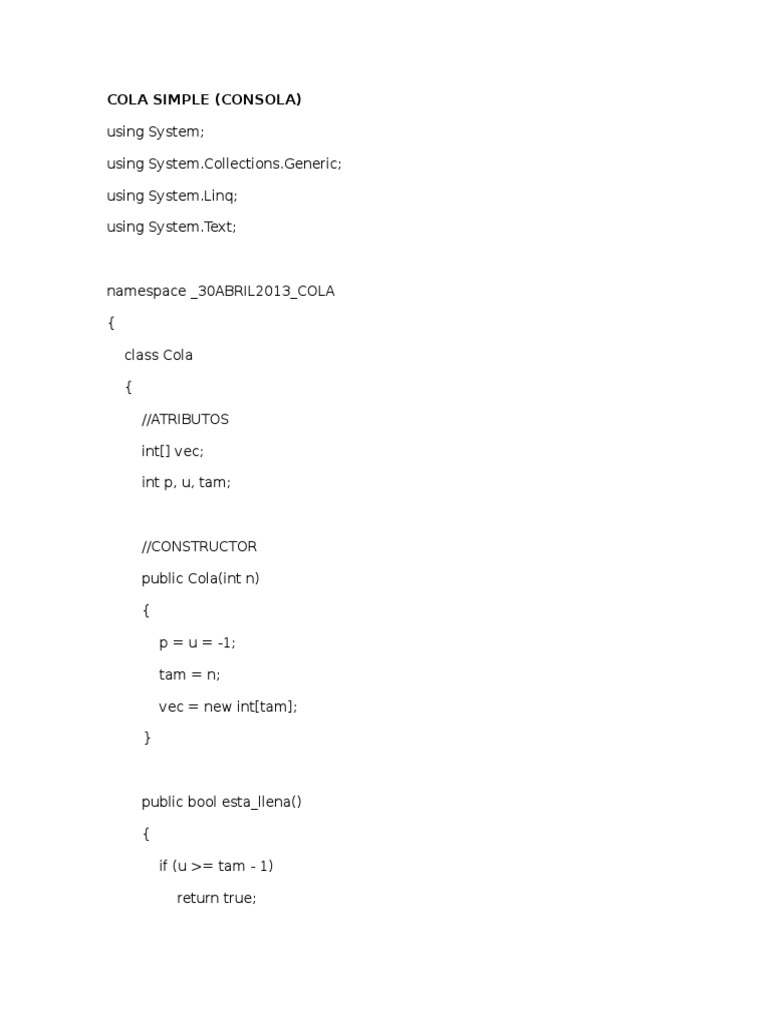 Implementación de Cola Simple en C# | PDF | Programación orientada a ...