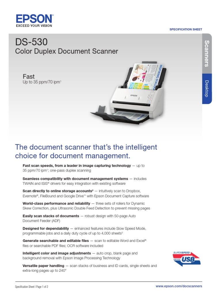 Epson DS530 Spec Sheet Image Scanner Computing