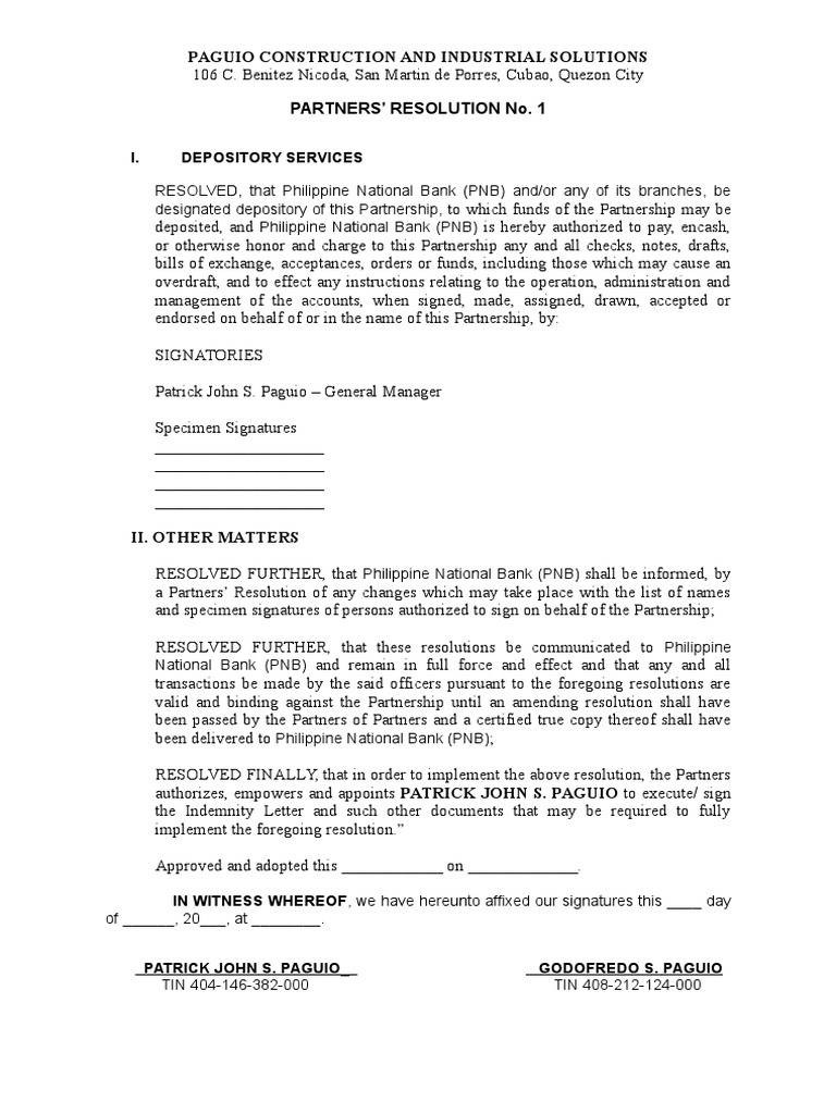 Partnership Resolution Sample Banks Banking
