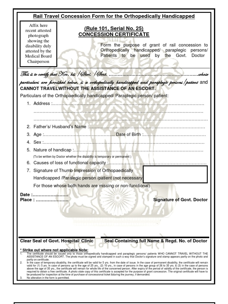 Railway Concession Form for Disabled | PDF | Disability | Sociological ...