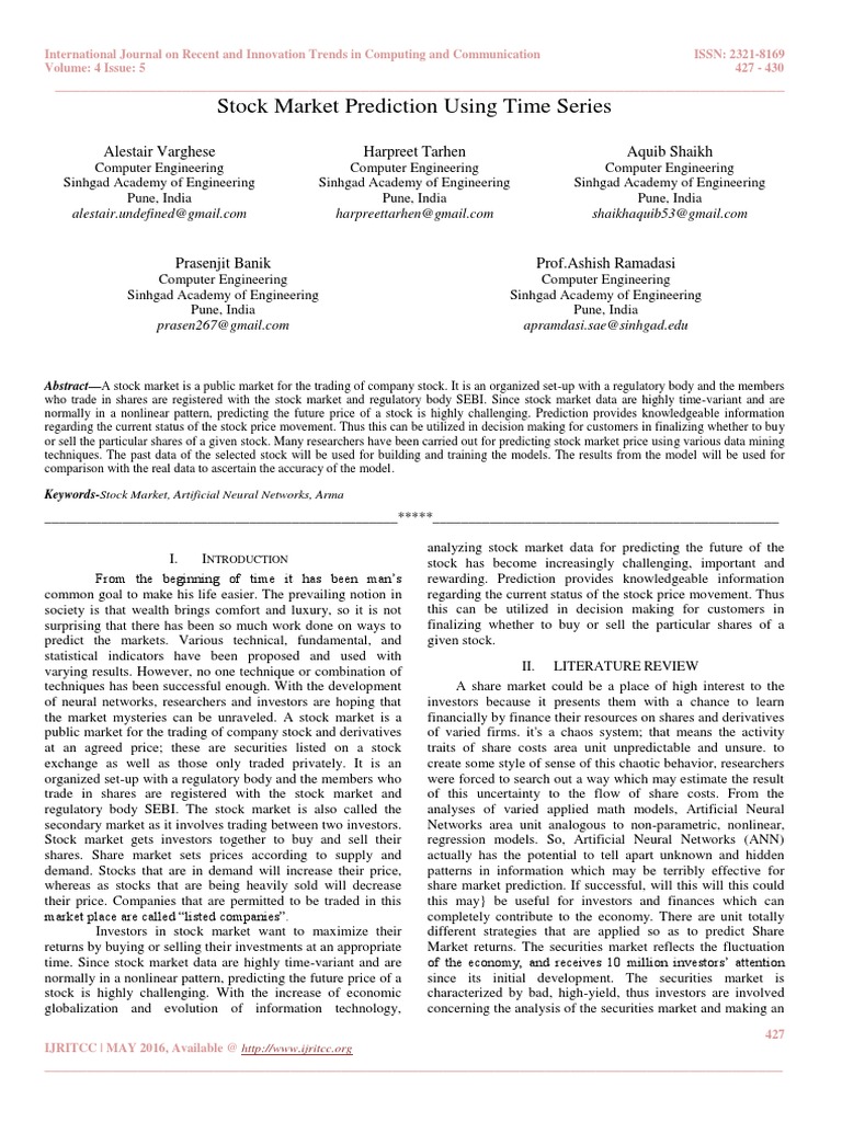Stock Market Prediction Using Time Series | PDF
