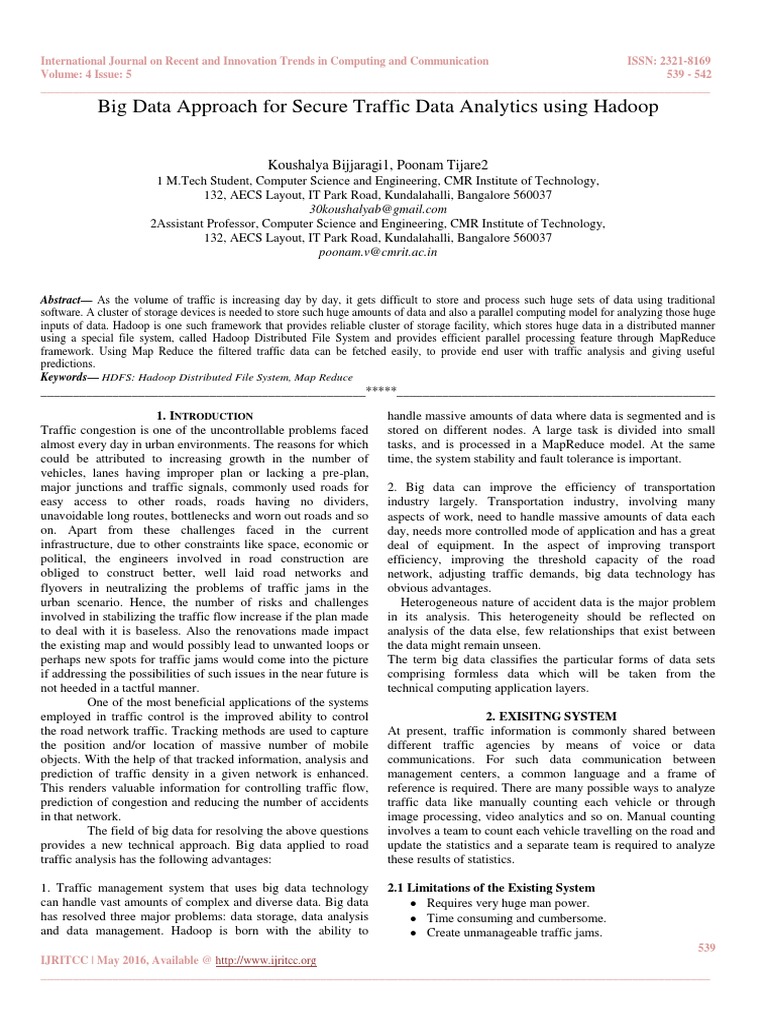 Big Data Approach For Secure Traffic Data Analytics Using Hadoop | PDF ...