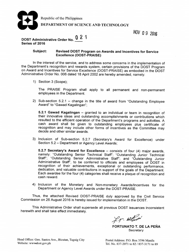 Revised DOST Program On Awards and Incentives For Services Excellence