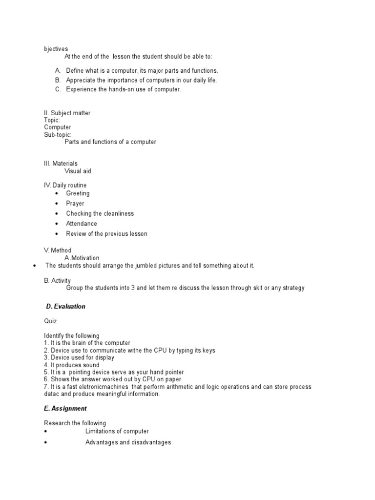 Computer Lesson Plan PDF Computer Keyboard Central Processing Unit