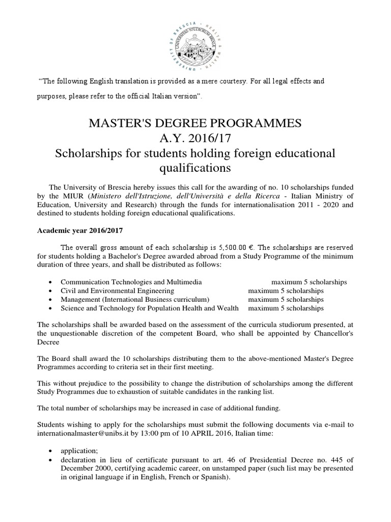 Master'S Degree Programmes A.Y. 2016/17 Scholarships For Students