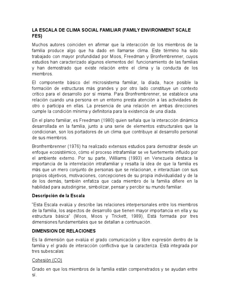 La Escala de Clima Social Familiar (Family Environment Scale Fes) | PDF ...