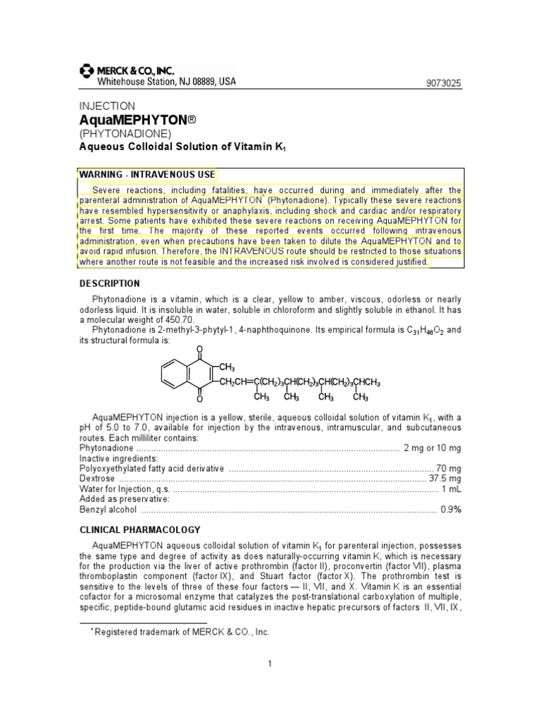 Merck Vitamin K Package Insert Aquamephyton PI Vitamin
