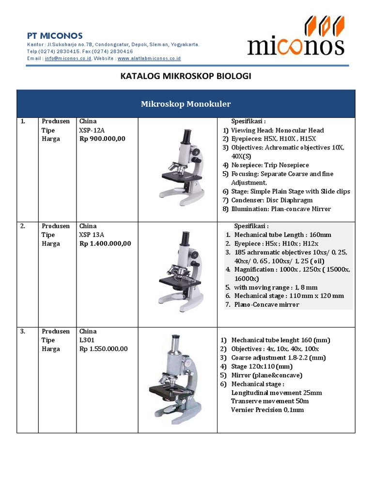 Katalog Mikroskop Biologi PT Miconos | PDF | Lenses | Laboratory Equipment