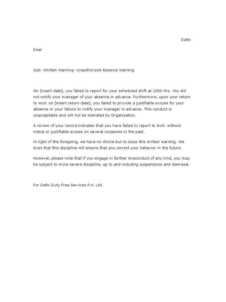 Employee Discipline Unauthorized Absence Warning Letter