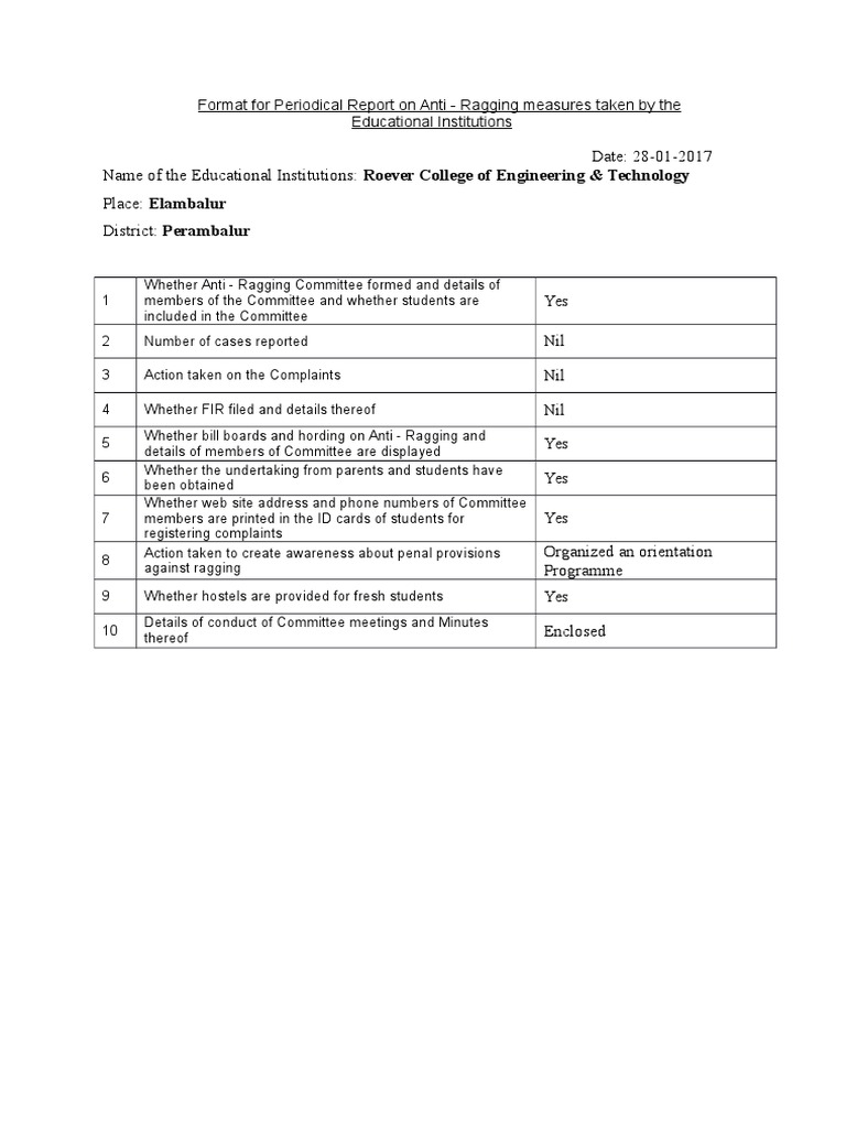 Format For Periodical Report On Anti Ragging 2016 17 | PDF | Government ...