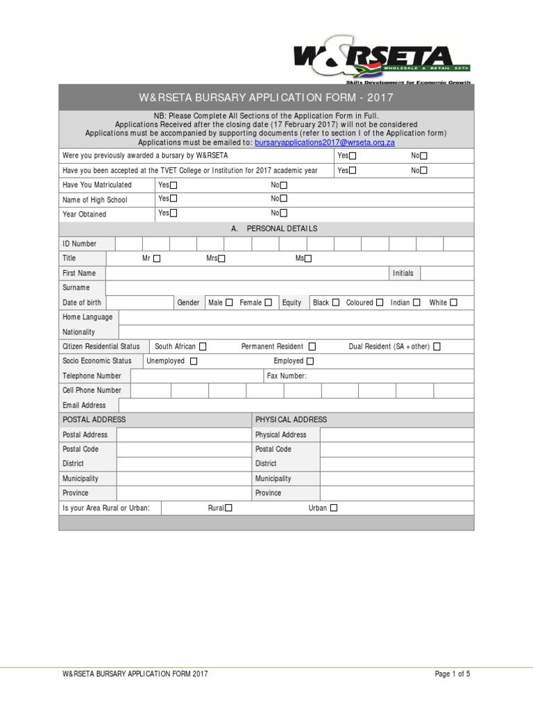 W&rseta Bursary Application Form 2017 Vocational Education Address