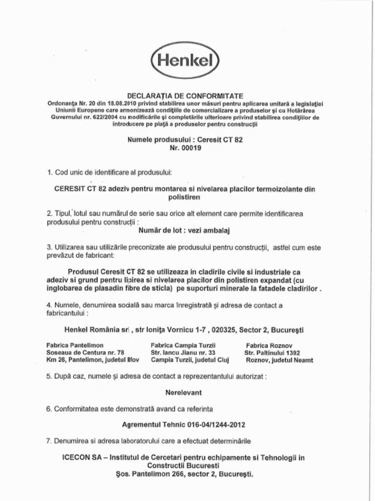 Declaratie de Conformitate Ceresit CT 82 PDF | PDF