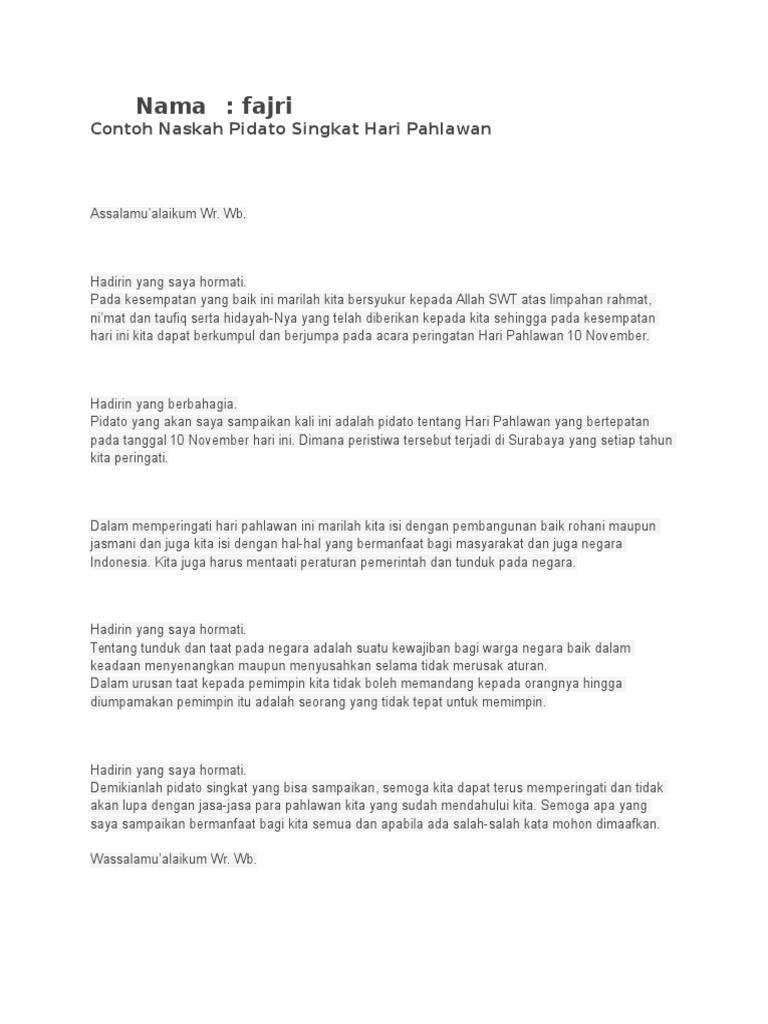 Contoh Naskah Pidato Singkat Hari Pahlawan PDF