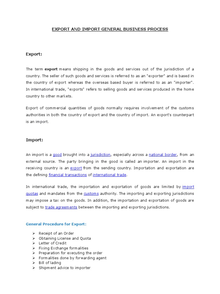 Import And Export Business Process Org Pdf Trade Business
