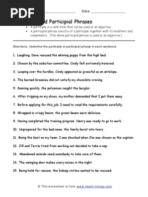 Participles And Participial Phrases Worksheet Language Mechanics Style Fiction