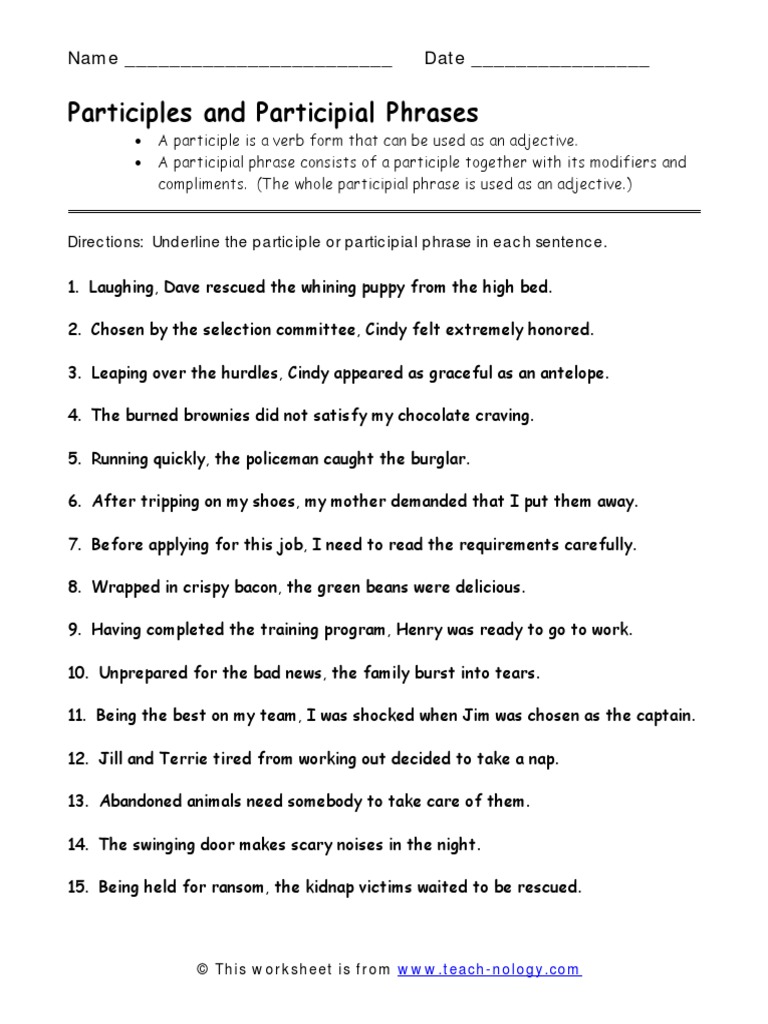 Participles And Participial Phrases Worksheet Language Mechanics Style Fiction
