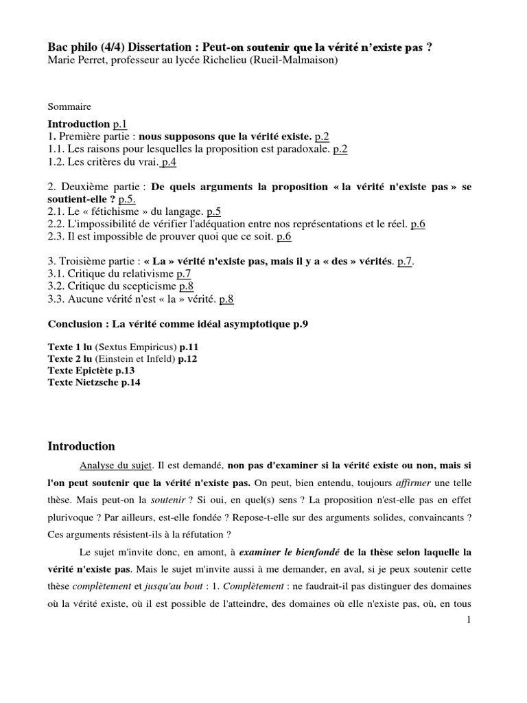 Peut on Dire à Chacun Sa Vérité Dissertation Corrigé Peut-On Soutenir Que La Vérité N'existe Pas | PDF | Scepticisme | Définition
