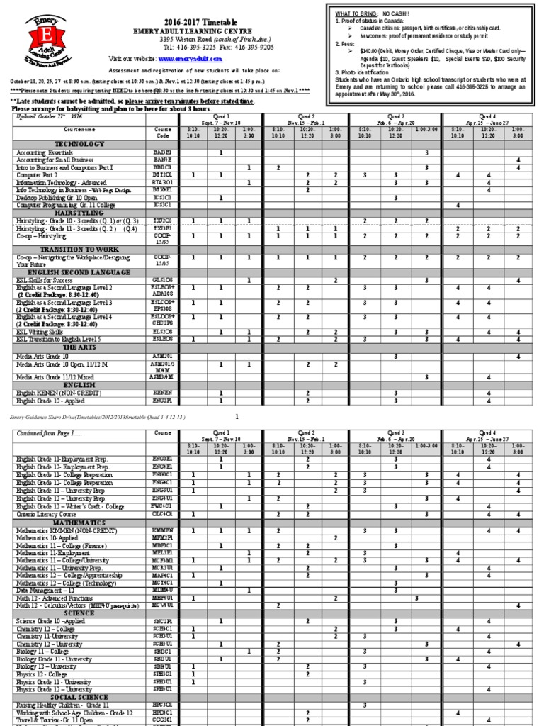 Emery Adult Learning Centre Timetable 2016-17 | PDF | Identity Document ...