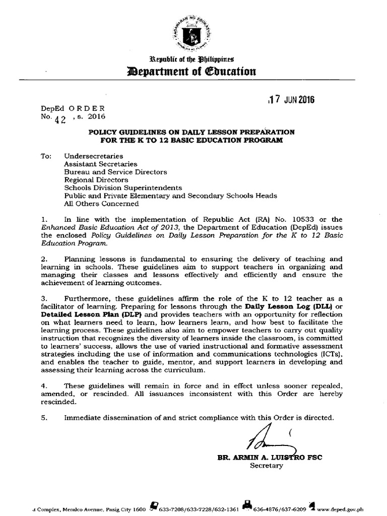deped order no 42 series of 2016 policy guidelines on lesson