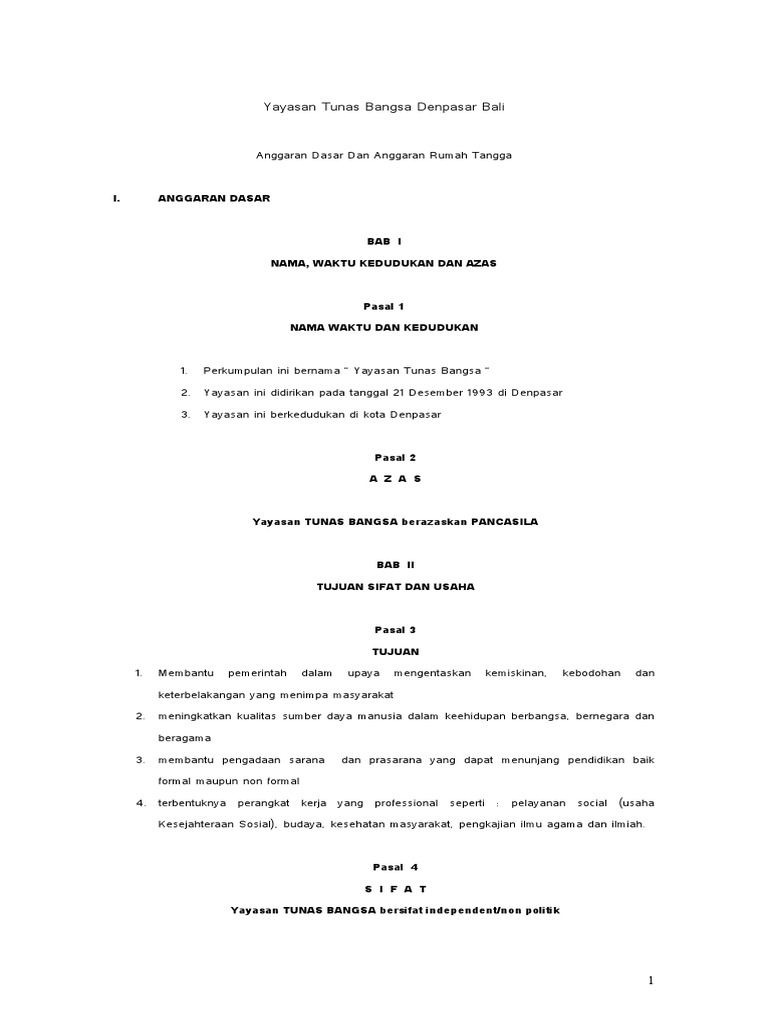 AD ART Yayasan Tunas Bangsa Denpasar Bali