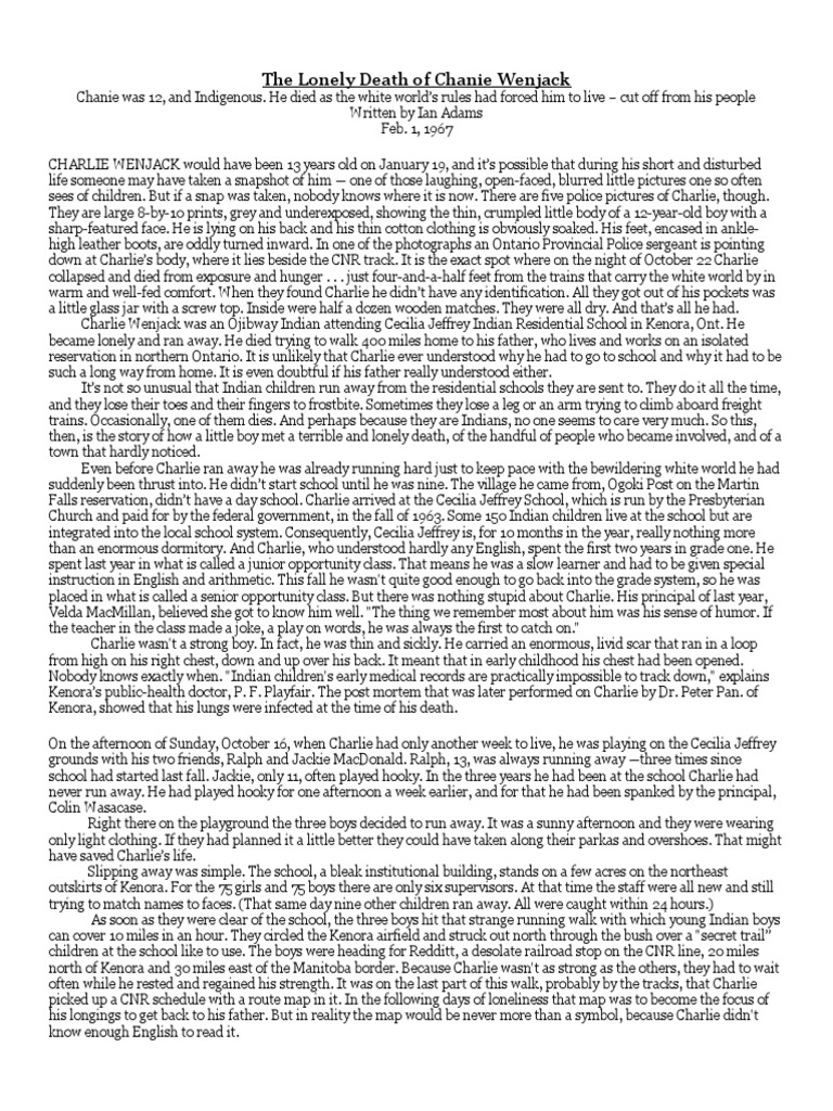 The Lonely Death of Chanie Wenjack | PDF | Transport