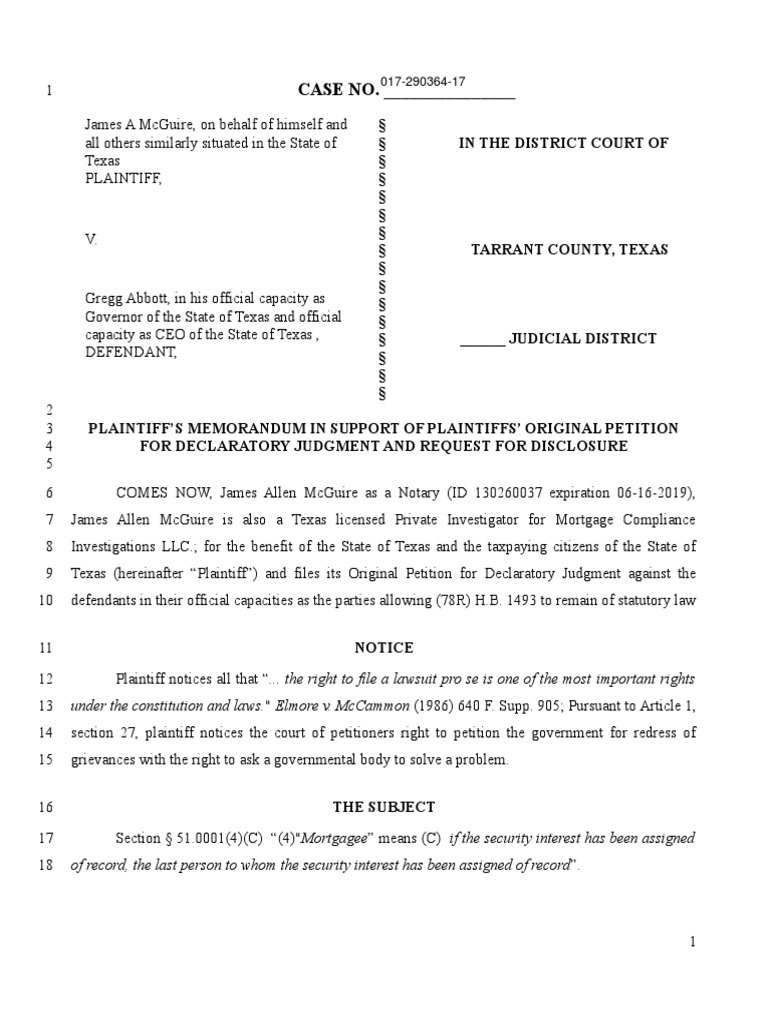 Memorandum in Support of Declaratory Judgment 282017 Filed Cause