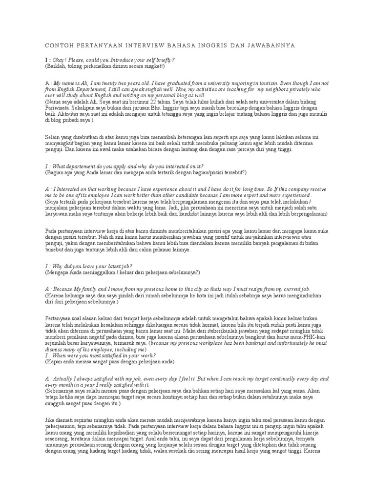 Contoh Pertanyaan Interview Bahasa Inggris Dan Jawabannya | PDF