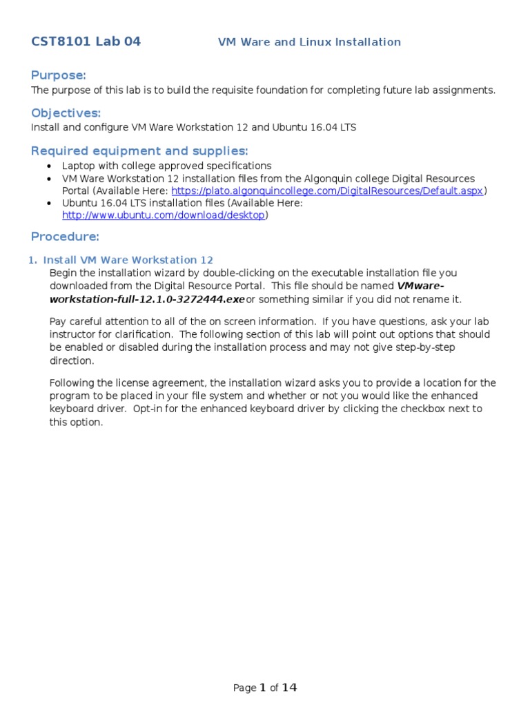 CST8101-VMWare and Ubuntu Intstallation | PDF | Installation (Computer ...