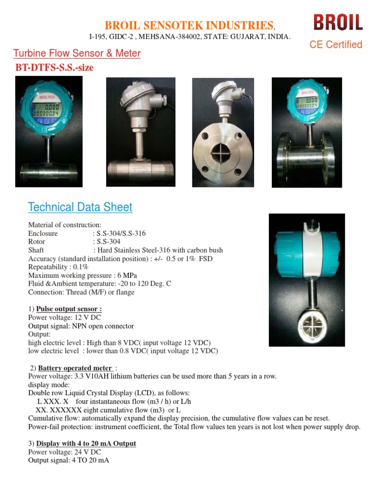 CE Certified Turbine Flow Sensor Data | PDF | Flow Measurement | Turbine