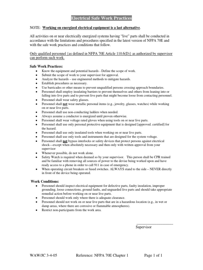 Electrical Safe Work Practices PDF Electrical Equipment Equipment
