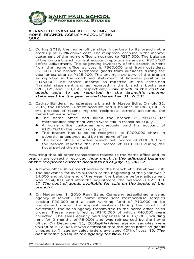 ADFINA 1 Home Office Quiz 2016N PDF Current Account Inventory