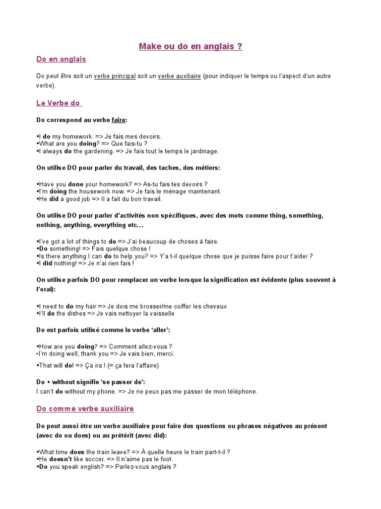 Je Fais Mes Devoirs En Anglais Make Ou Do en Anglais | PDF | Verbe | Grammaire
