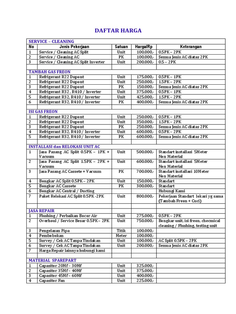 Daftar Harga Service Ac 2016 Pdf