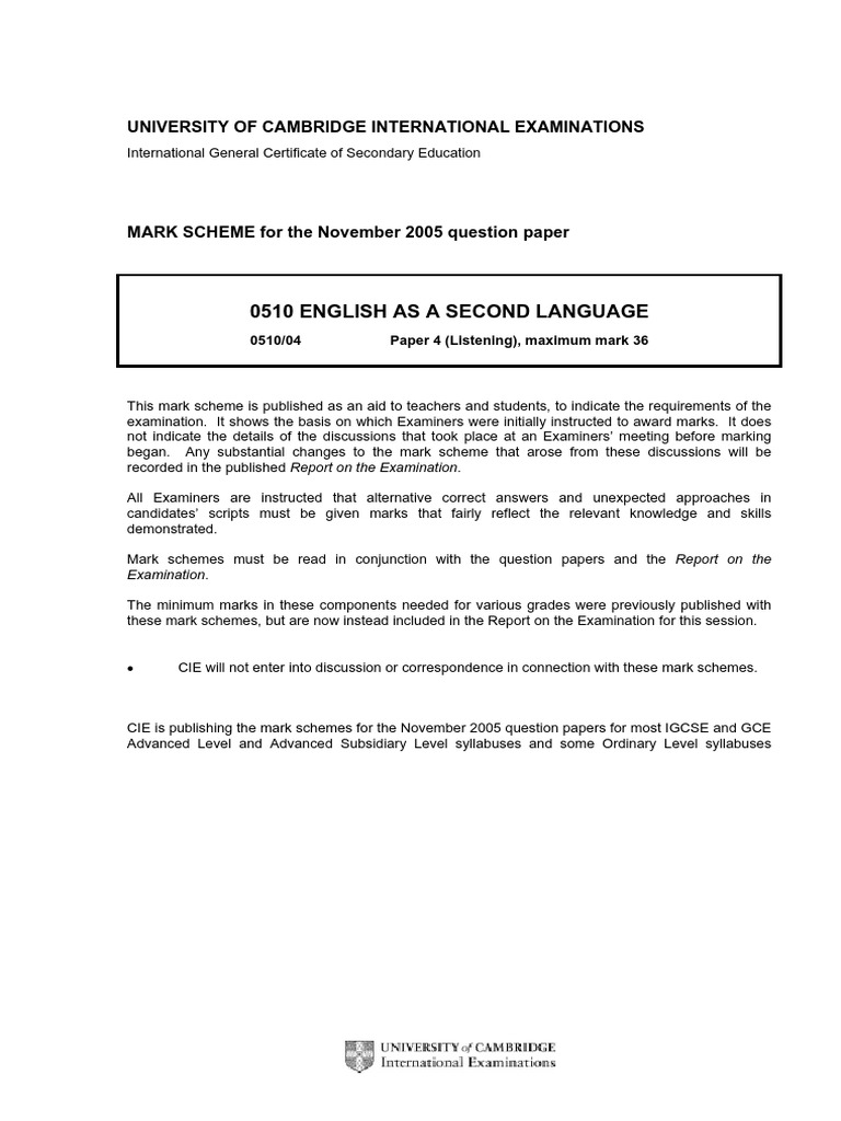 0510 2005 Mark Scheme Listening (Extended) | PDF | Food And Drink | Nature