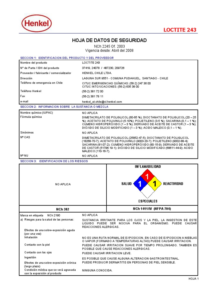 MSDS Loctite 243 PDF Residuos Alergia