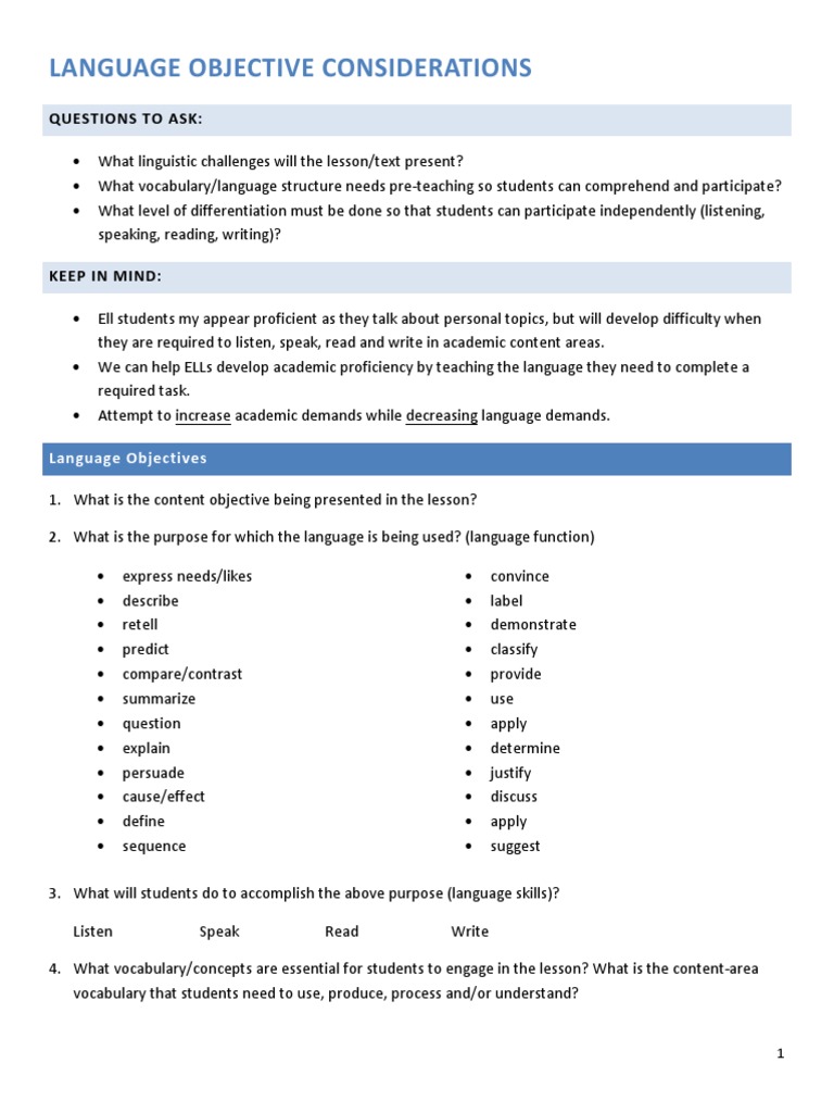 Language Objective Considerations  PDF  Verb  Syntax