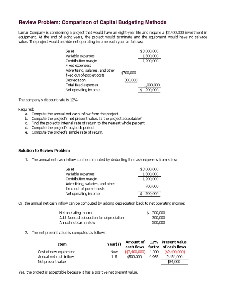 Capital Budgeting Methods Analysis Pdf Net Present Value Depreciation