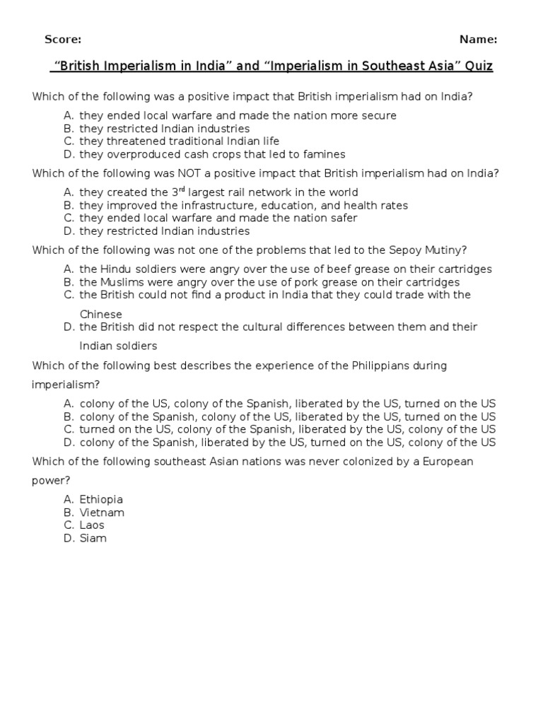 Imperialism Quiz 2 PDF British Empire Imperialism