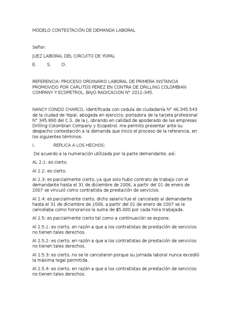 Modelo Contestación de Demanda Laboral | PDF | Derecho laboral | Justicia