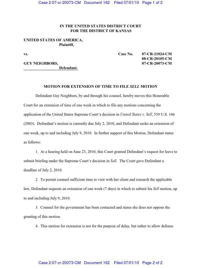 Motion for Extension to File Sell Motion | PDF | Courts | Virtue