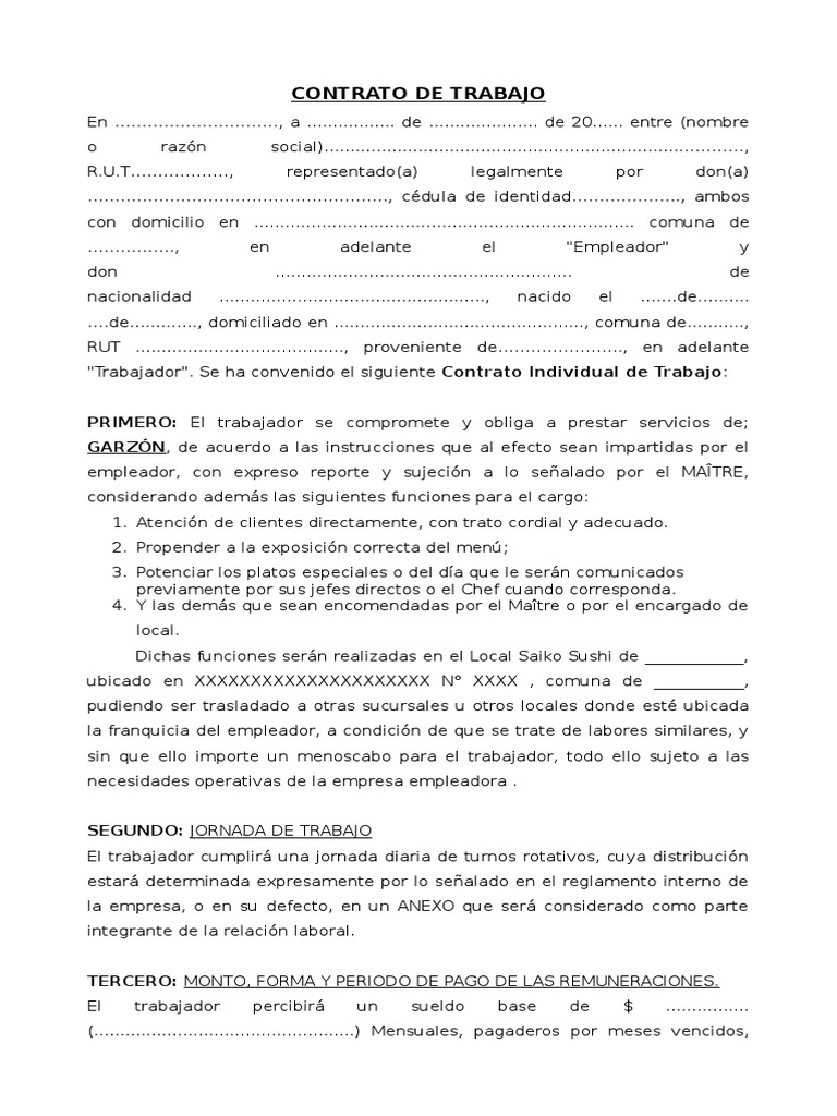 Formato Contrato De Trabajo Garzon Con Turnos Derecho Laboral