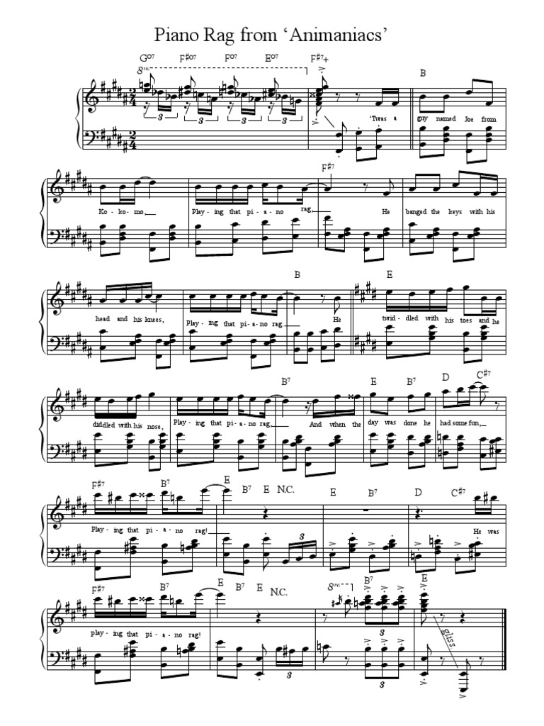 Animaniacs Piano Rag Sheet Music | PDF | Ragtime | Traditional Music